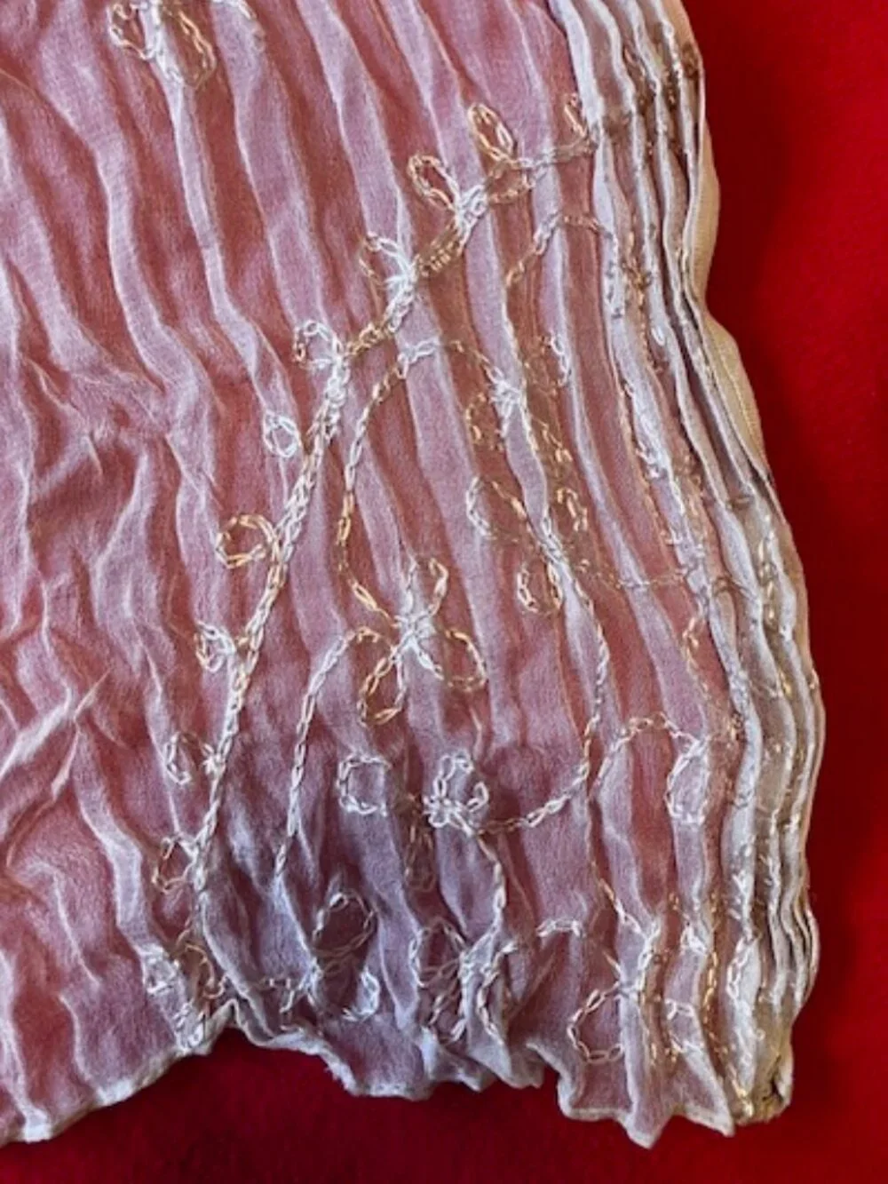 Sheer Crinkly Champagne Pink Scarf with Silk Embroidered Patterns